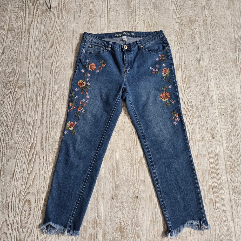 Indigo Thread Co Womens Blue Floral Embroidered Raw Hem Straight Leg Jeans 12